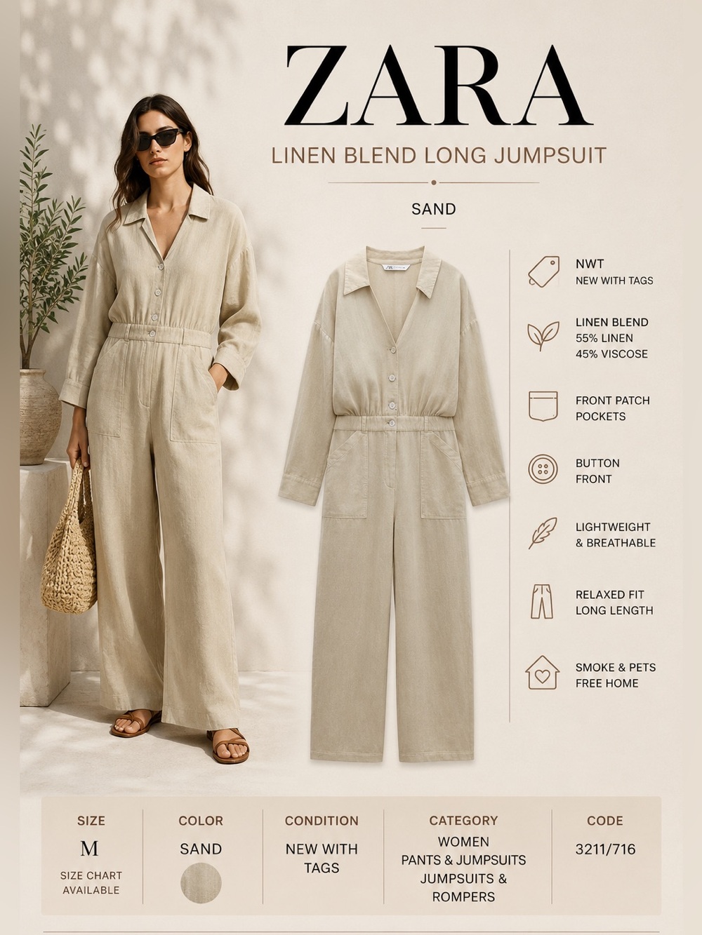 Zara Sand Linen Blend Long Jumpsuit Size M NWT Button Front Wide Leg Romper